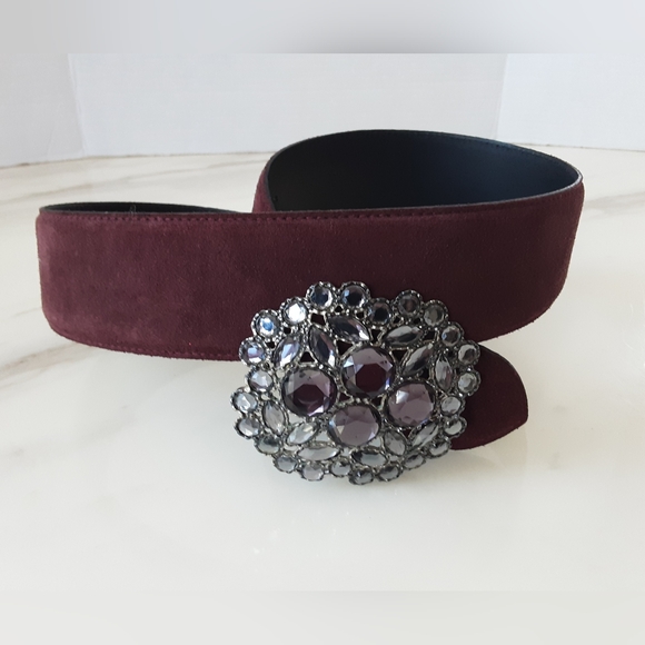 ABACO Paris Crystal Buckle Burgundy Suede Belt Made in France Sz L - Vtg - Picture 4 of 6